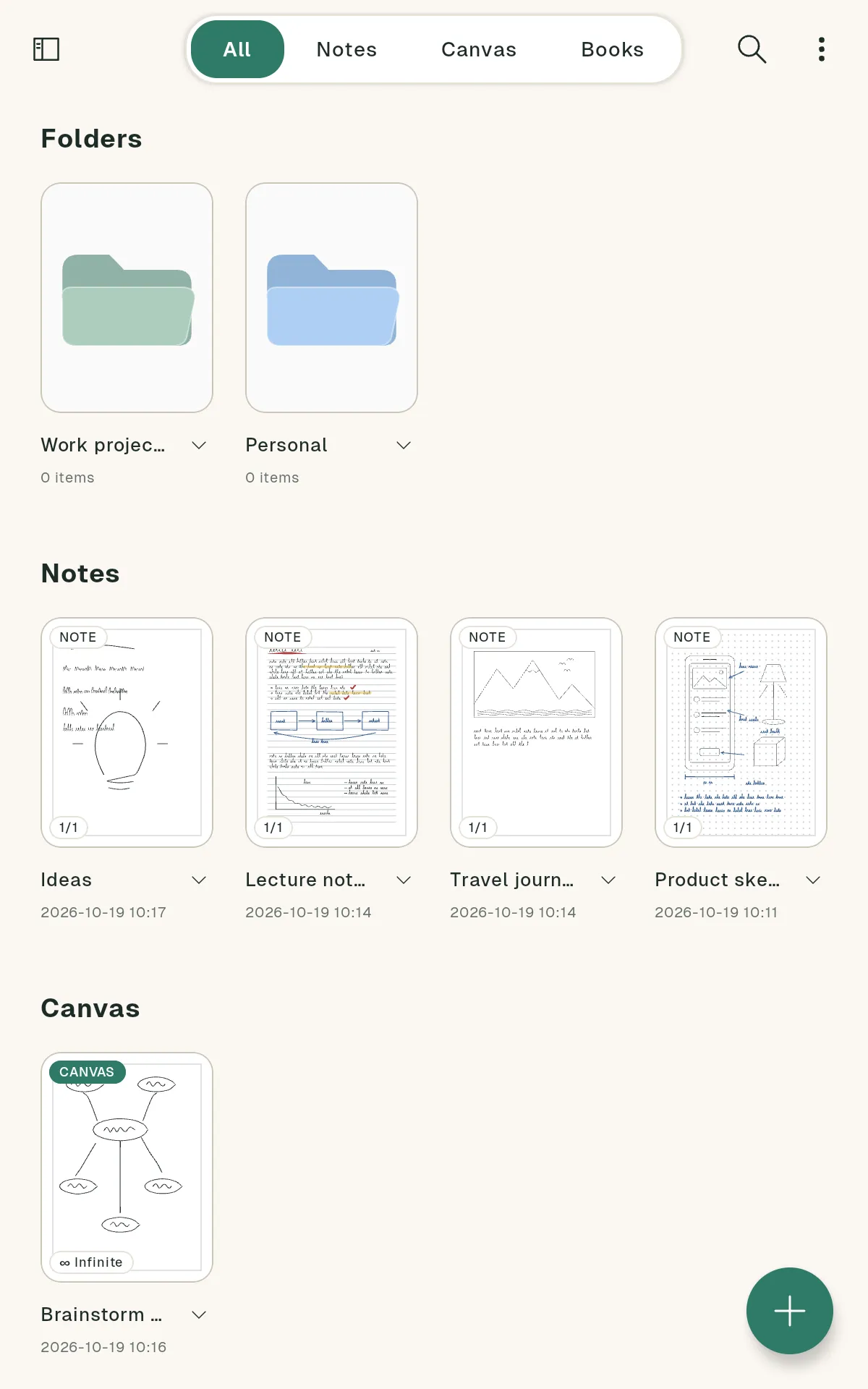 The Folio library with folders, notebooks and an infinite canvas