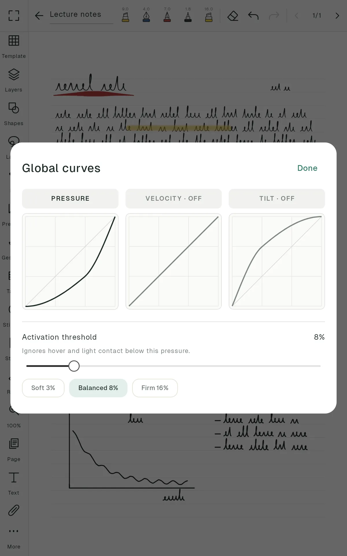 Pressure, velocity and tilt curve editor