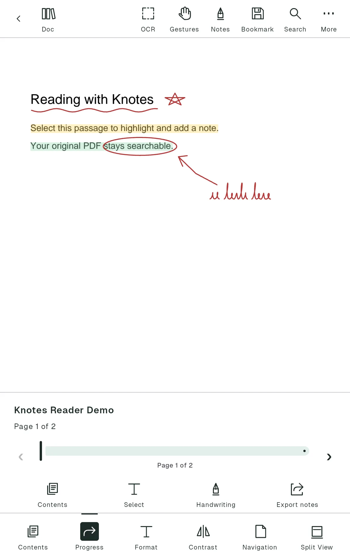 A PDF open in the Folio reader with a highlighted passage